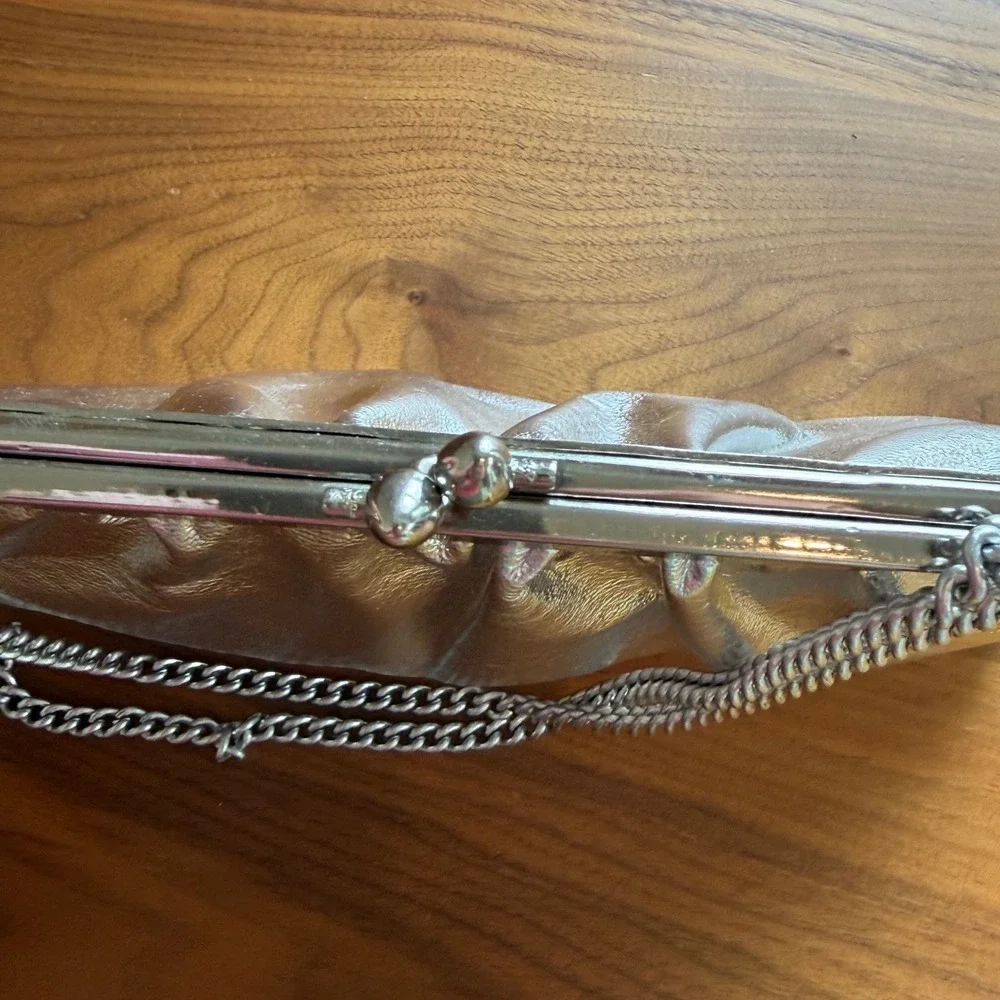 Clutch Bag Womens Small Silver Holographic Metallic Frame Evening Prom